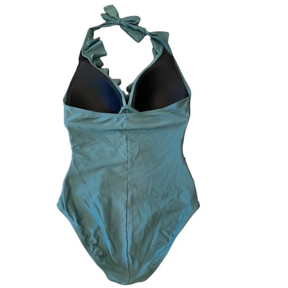 Ellen Tracy Women's Ruffle Halter Neck Ruched One Piece Swimsuit Green Size 10 - Picture 2 of 5